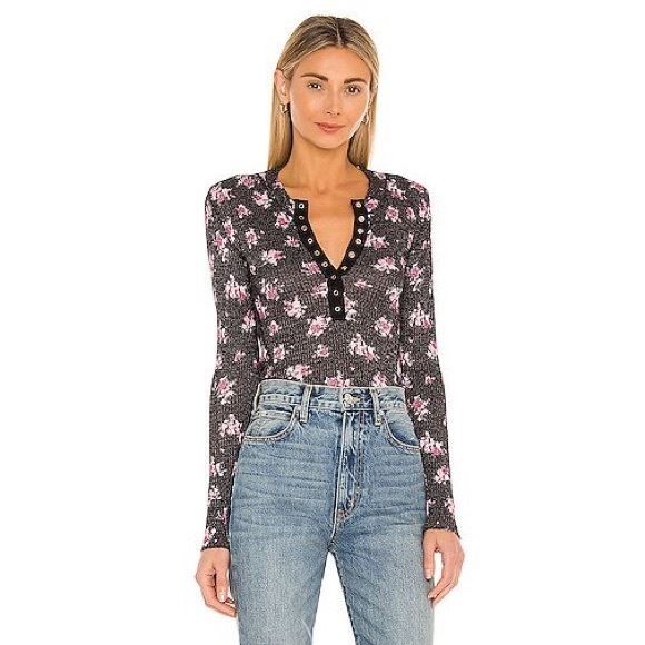NWT Free People Intimately One of the Girls Printed Henley Top in Black Combo - Picture 11 of 11